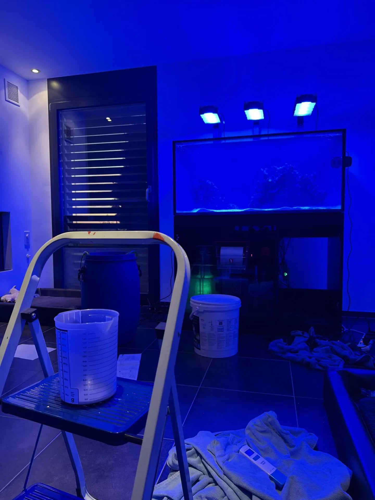 Das Wohnzimmer am Abend in blauem Licht. Hinten steht das Becken gefüllt auf dem schwarzen Unterschrank, darüber leuchten die drei Hydra, im Wasser das Gestein und ein heller Sandstreifen. Im Unterschrank sieht man die Rolle des ReefMat. Davor stehen ein blaues Fass, ein Salzkübel und auf einer Bockleiter ein Messbecher, am Boden liegen Tücher und der Salinitätstester.