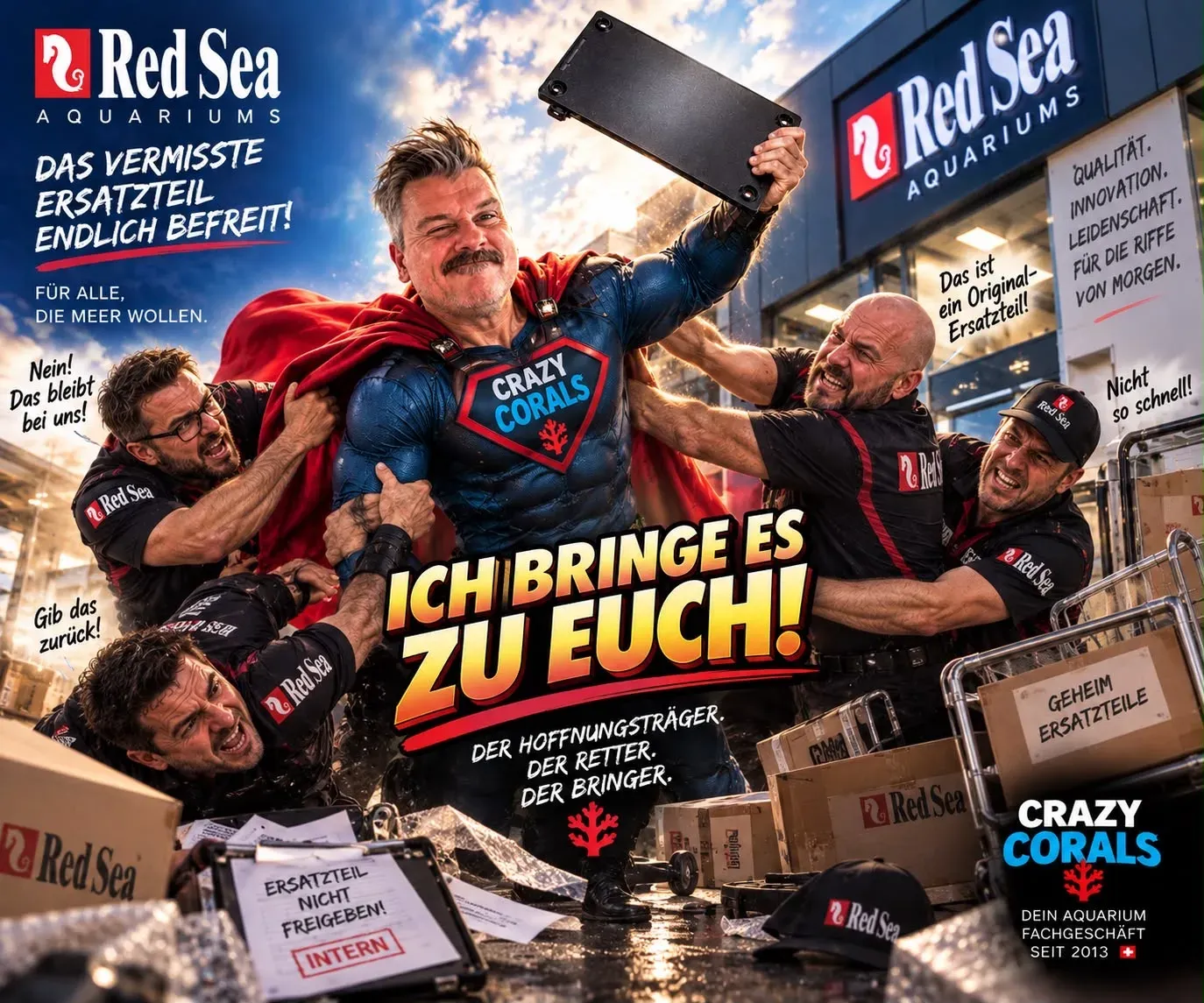 KI-Bild im Stil einer Werbeanzeige vor einem Red-Sea-Geschäft. Ein Mann im Superheldenkostüm mit Crazy-Corals-Wappen hält eine schwarze Platte hoch, mehrere Mitarbeiter versuchen ihn zurückzuhalten. Der Schriftzug lautet: Ich bringe es zu euch.