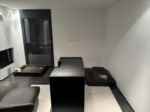 Neu steht der fertig gebaute schwarze Unterschrank im Wohnzimmer, noch quer auf dem Teppich und ein Stück vor der Wand, an die er gehört. In der Deckplatte ist hinten die Aussparung zu sehen. Das kleine weisse Gerät vor der Steckdose ist wieder weg, das zweite Hundebett liegt jetzt rechts an der Wand.