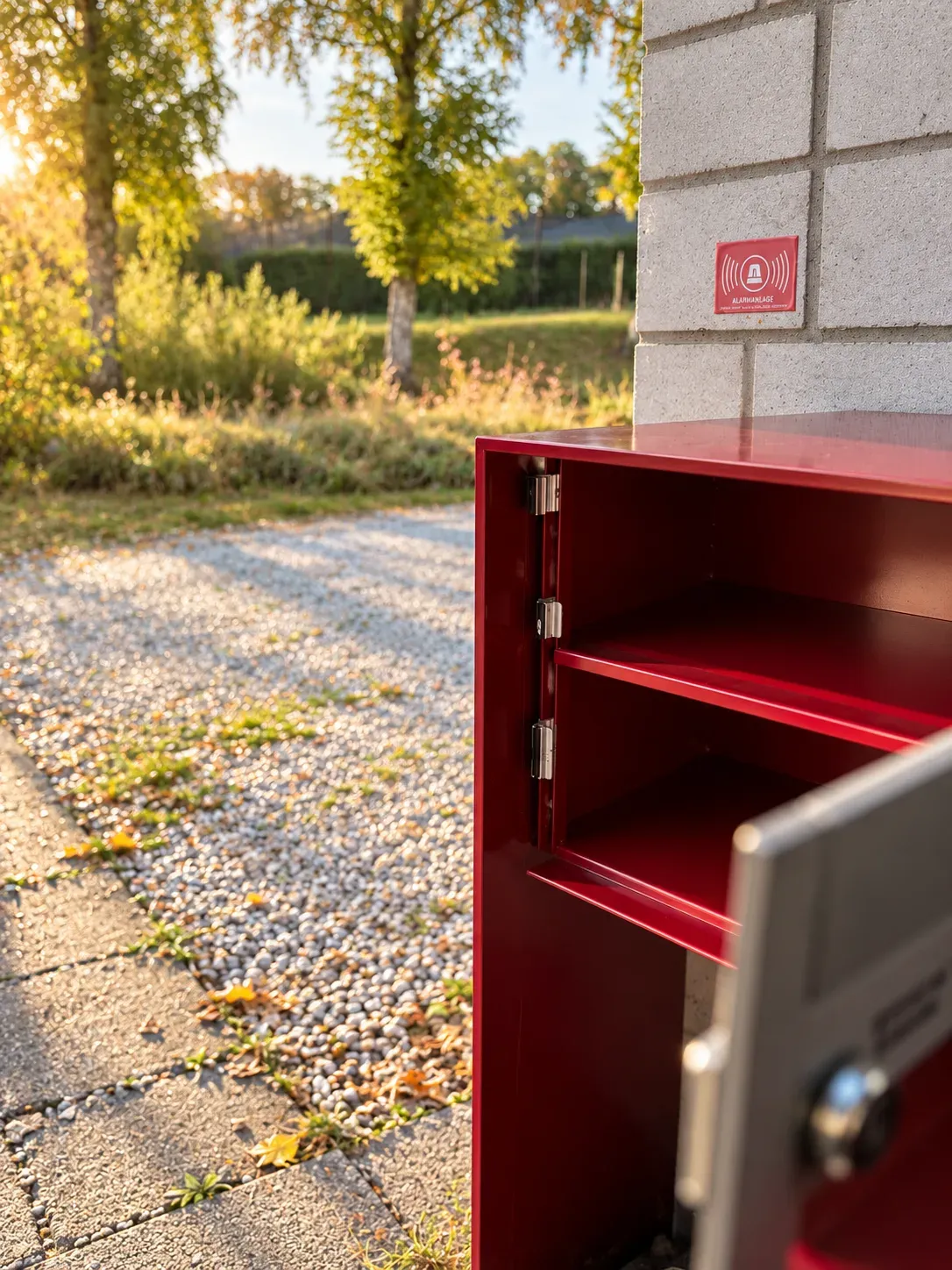 Ein dunkelrotes Paketfach vor einer hellen Backsteinwand steht mit offener Tür in der Herbstsonne. Innen sind zwei leere Fächer, kein Paket und kein Brett. Dahinter liegen ein Kiesplatz, Bäume mit gelbem Laub und eine Hecke.