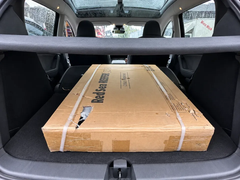 Im Kofferraum eines Autos liegt ein flacher Karton mit der Aufschrift Red Sea Reefer, mit zwei weissen Bändern umschnürt. Die Kanten sind eingedrückt und links klafft ein Loch, durch das die Folie im Innern zu sehen ist. Die Rücksitze sind umgeklappt, auf den Scheiben liegen Regentropfen.