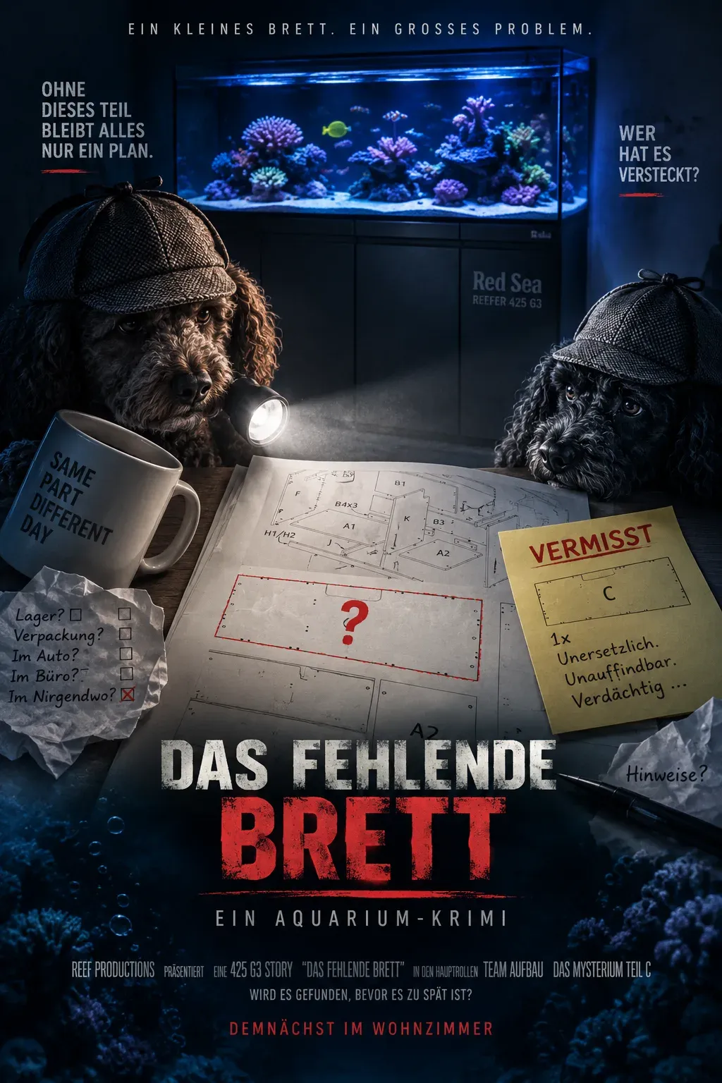 KI-Bild im Stil eines Kinoplakats. Zwei Hunde mit Deerstalker-Mützen sitzen mit einer Taschenlampe über einer Aufbauanleitung, auf der ein Teil rot eingekreist und mit einem Fragezeichen versehen ist. Daneben ein gelber Zettel mit der Aufschrift Vermisst und der Skizze von Platte C.