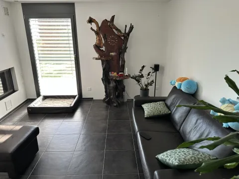 Der Ausgangszustand. An der Wand rechts der Terrassentür, wo das Becken hinkommt, stehen noch die Holzskulptur mit der Uhr, eine Pflanze und ein Lautsprecher, rechts daneben das Ledersofa. Vor der Tür liegt das Hundebett.